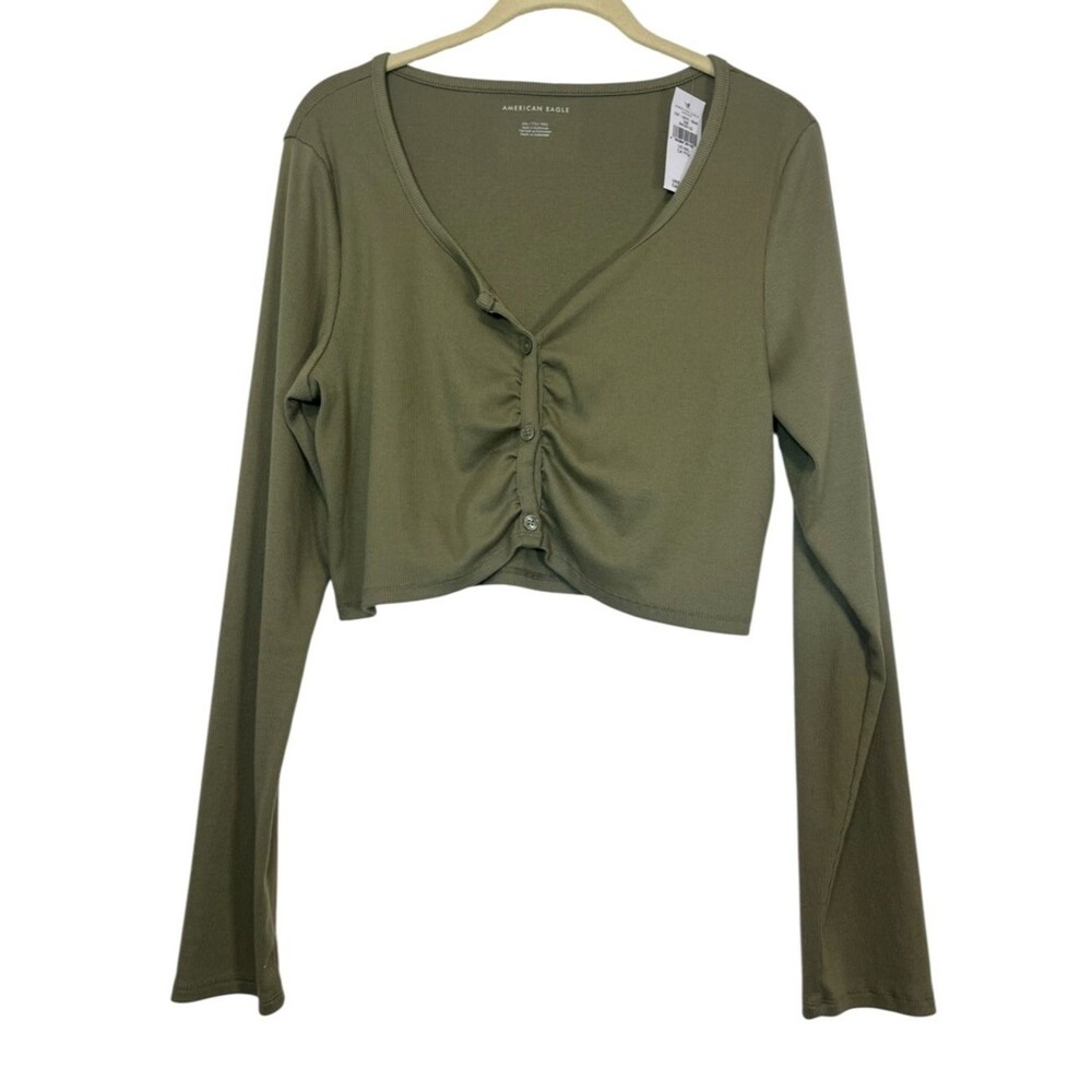 AE  Long Sleeve Button Up Ribbed Cinched Crop Top Size XXL Sage Green NEW